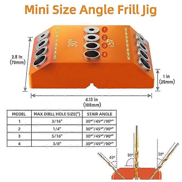 Borrguide 30 45 90 Grader Vinkel 4 Storlekar Borrhål Lagskruv Borr Mall Jig för DIY Trähantverk