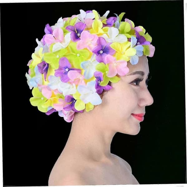 Blomsterbadehætte med kronblade til kvinder, hårbeskyttelseshætte, badehætte med blomst, brusehætte, blomstret badehætte, farverig