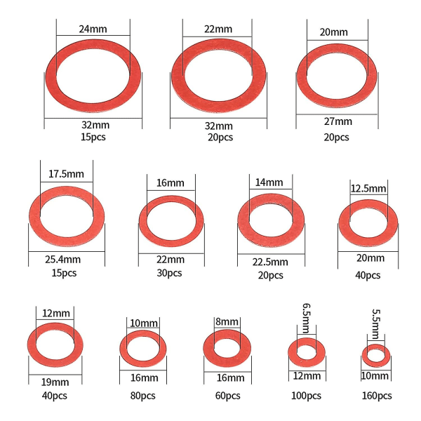 600 stk Fiberskive Assorted Kit 12 Størrelse Rødt stål Papir Fiber Flat Washer Kit Flat Ring Seal Sortiment Kit