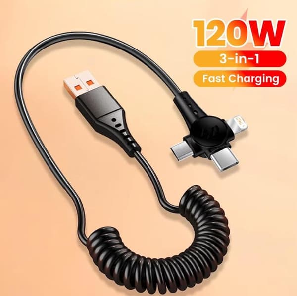 120W 3 i 1 Micro USB-kabel Superhurtig opladning til iPhone Huawei Samsung POCO Redmi USB Type-C opladerkabelledning