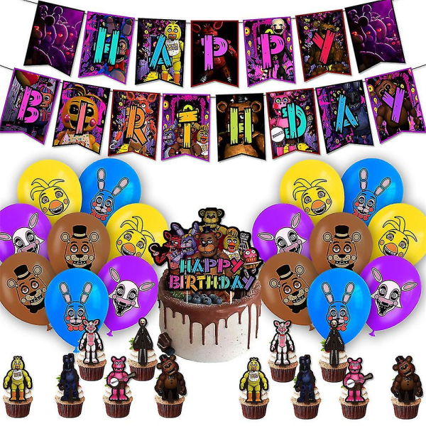 Fem nætter ved Freddys tema Fødselsdagsfestartikler Skrækspilsballoner Cupcake Cake Toppers Bannerpynt sæt
