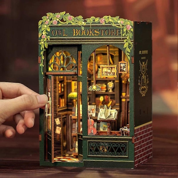 DIY Boghjørne Ugle Boghandel Kit, 3D Træpuslespil Bogstøtte til Bogreol Dekoration, med Lys Model Kits til Voksne