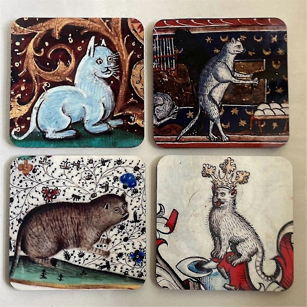 4 st Medieval Cat-underlägg kompatibla med dryckesset Kattsmönster Runda underlägg, Dryckesunderlägg Kattunderlägg