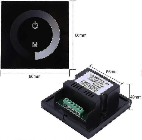 DC 12V-24V Lysdæmperkontakt Vægmonteret Touch Panel Controller; Monokrom LED Strip Lysstyrke Justerbar Lysdæmper; Touch Screen LED Lysdæmperkontakt (sort)