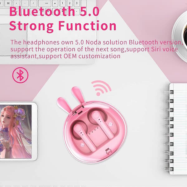 Trådløse børneørepropper med opladningsetui, søde lyserøde kanin tegneseriehovedtelefoner, Bluetooth 5.0