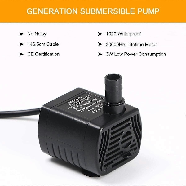 Senkbar Vannpumpe, Akvariepumpe Justerbar 200L/T 3W Ultra-Stille Catit USB Pumpe for Dam Fisketank Fontene Fisketank 1.4m Ledning