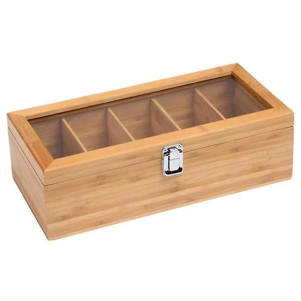 Transparent te pose-organisator i glas, design med flere rum til te poser og kaffe, bambus skrivebordsopbevaringsstativ