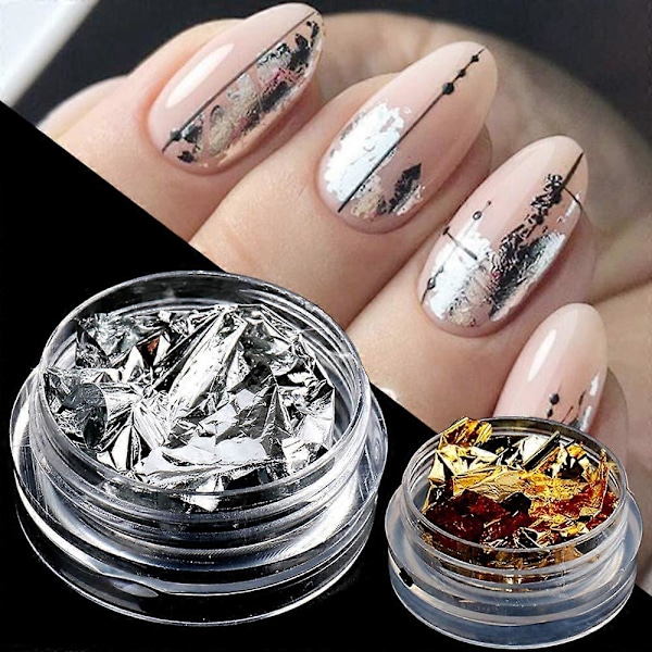 Nagelfolie Nagelkonst Flakes, 2 Lådor Guld och Silver Nagelkonst Folie Stickers Designer Nagelkonst Tillbehör Manikyr Tips Accessoarer Paillette Nagelfolie Gl