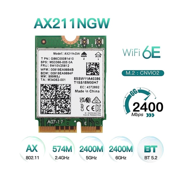 Ax211ngw Wifi 6e M.2 Key E Cnvio2 Dobbelbånd 2.4ghz/5ghz Trådløst Nettverkskort 802.11ac Bluetooth 5.