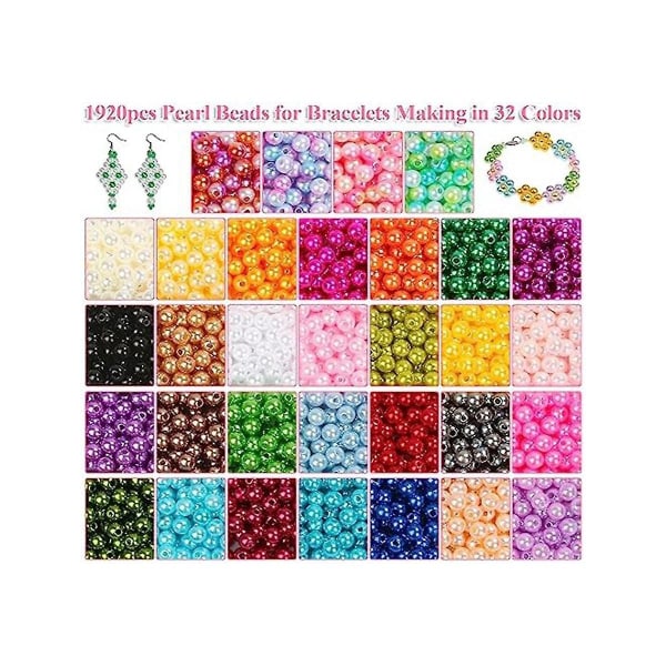 Pärlpärlor för smyckestillverkning, 32 färger runda pärlpärlor med hål, 1920 st 6 mm handgjorda färgf