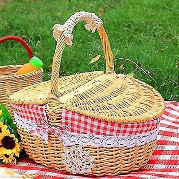 Vävd Picknickkorg i Flätad Vide med Lock - Lantlig Stil med Röd- och Vitrutig Bomullsfoder - Presentkorg