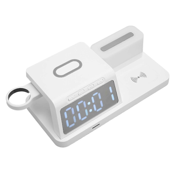 Multifunktionelt Vækkeur Trådløs Oplader med Natlys Kalender til Telefon Ur Høretelefoner Hvid YEMMA