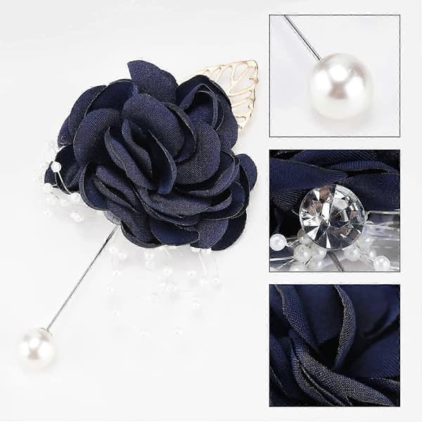 3 stk. Rose Corsage Bryllupscorsage med Rhinestone og Perle til Bryllup (mørkeblå)