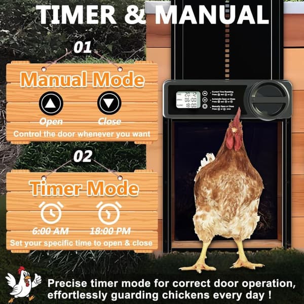 Automatisk hønselem med timer/manuel tilstand, klembeskyttelse, aluminiumslegering, stort programmerbart LCD-display, advarsel om lavt batteriniveau