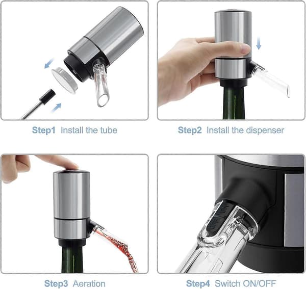 Elektrisk Vinlufter, Smart Vindispenser med Rustfri Stålrør, Bedste Vingaver (Batteridrevet - Rustfrit Stål med Base)