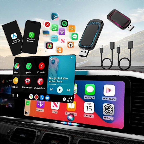 Langaton CarPlay-sovitin ja Android Auto -langaton sovitin ympäristövalolla, CarPlay-sovitin