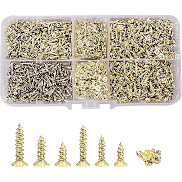 Små Skruer M2 M2.5 Selvskærende Skrue Sortimentssæt Flad Hoved Kryds Træskruer Guld Mikro Fastgørelseselementer Skruesæt (6mm/8mm/10mm) 1200 stk. - Yvan