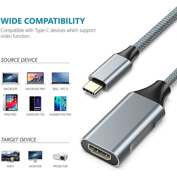 USB C - HDMI -sovitin (4K@60HZ), ABLEWE Alumiininen Type-C HDMI - USB C -kaapelisovitin (Thunderbolt 3 -yhteensopiva) MacBook Pro 2018/2017:lle, Samsung Galalle