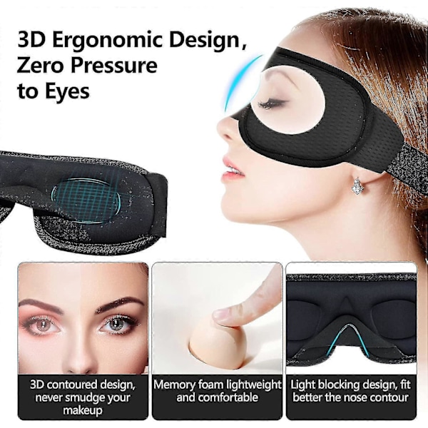 Natmaske Sovemaske Blindfold Nat Cahce Øjne Til Sovning Memory Foam 3d Konturformet Pasform, Sort