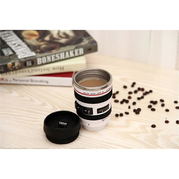 Kameralinss Kaffekopp med Inbyggt Lock, Rostfritt Stål Foto Kaffekopp, 13.5-Ounce för Fotograferälskare Present Julgåva