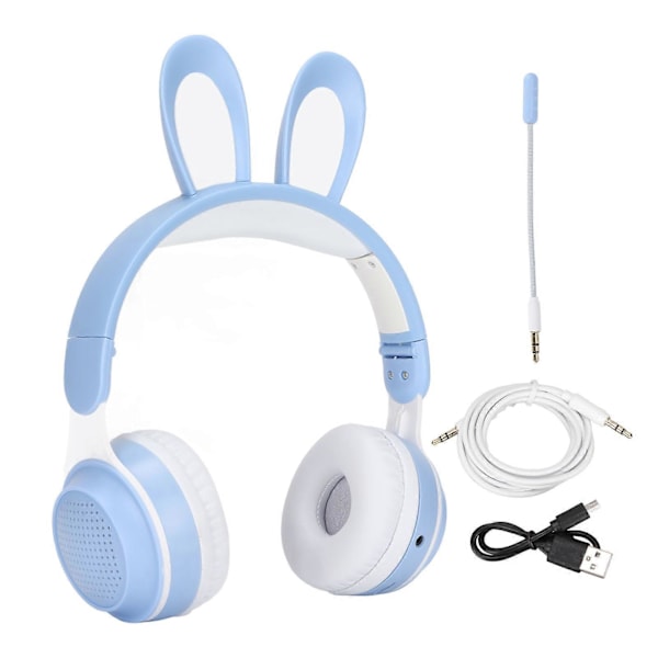 Kaninøre Bluetooth 5.0 Hovedtelefoner Sammenklappelige Trådløse Børneheadset med LED Farvelys til PC Tablet Online Læring Blå