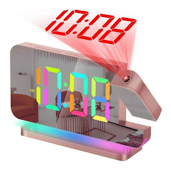 Projektionsväckarklocka, 7,4 tum LED-spegel digital klockdisplay, +180 roterbar projektor, nattlampa