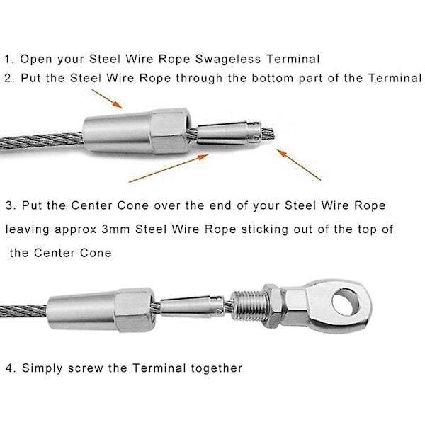2 stk 316 rustfritt stål Swageless øye-terminal wire kabel tau DIY tilbehør rigg maskinvare Balust