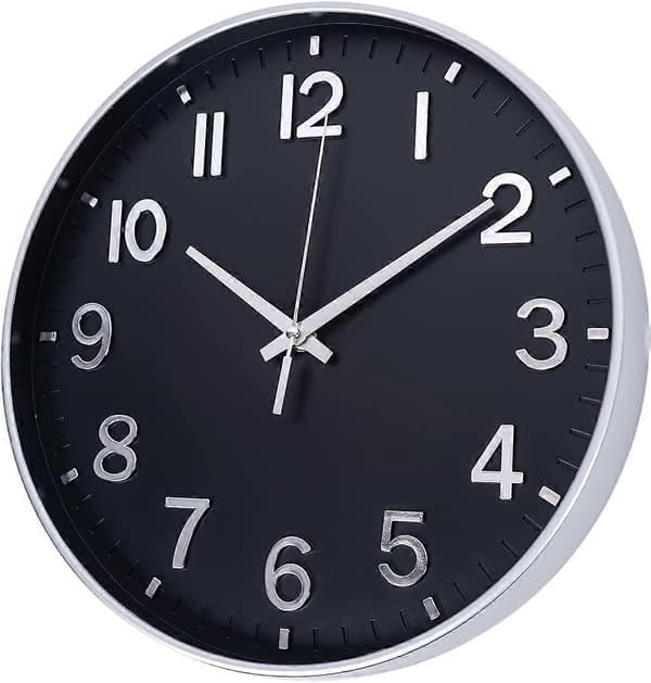 Väggklocka 30 cm Tyst Icke Tickande Klocka för Vardagsrum Sovrum Kök Kontor (Svart-Ljust Silver)