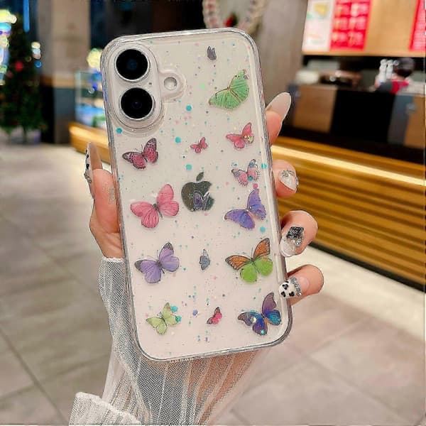 For iPhone 16 Deksel Anti-fall TPU Telefon Bakdeksel Epoxy Glitter Sommerfugl - Blå