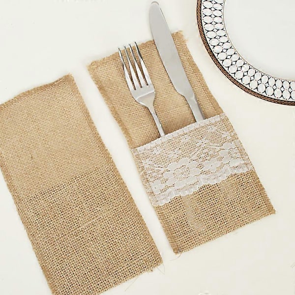 10 stk. Jute Sekk med Blonde Kniver Gafler Serviettposer