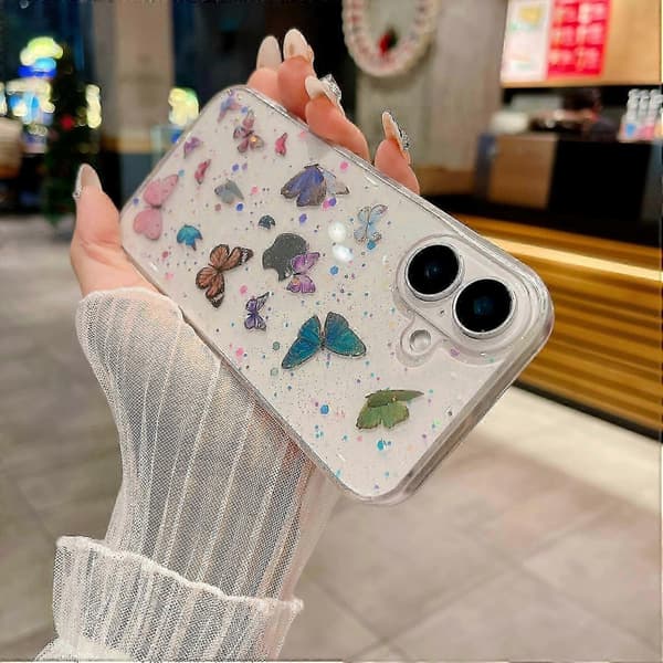 Til iPhone 16 Deksel Anti-fall TPU Telefon Bakdeksel Epoxy Glitter Sommerfugl -