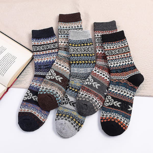 5 par Dame Varme Vinterstrømper Retro Print Tykke Strikkede Hyggelige Mellemrørsstrømper