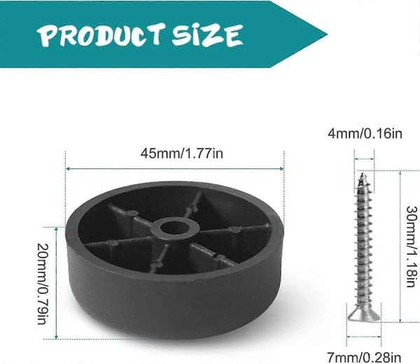 Møbelfødder, Pakke med 20, Runde Møbelben, Fødder til Møbler, Sort, Diameter 45 x H 20 mm, Skabsfødder, Møbelglidere til Skab, Sofa,