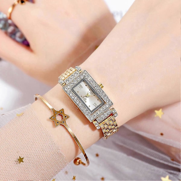 Lyxig Geometrisk Fyrkantig Strass Glänsande Stålarmband Kvarts Armbandsur