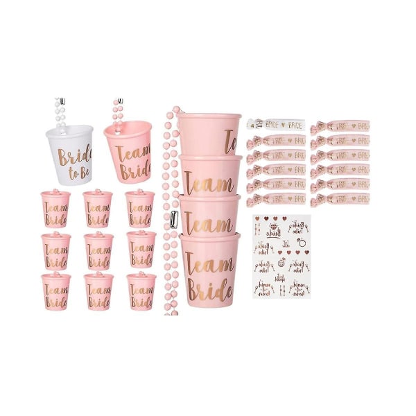 Brudehalskæde i shotglas, pakke med 24 Jga-kopper og brudearmbånd, polterabend Bachelor Pa