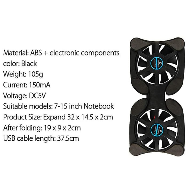 Bærbar kjølebase, bærbar PC-støtte - enkel å bære, kompatibel for 10-15,6 tommer med 2 lydløse vifter