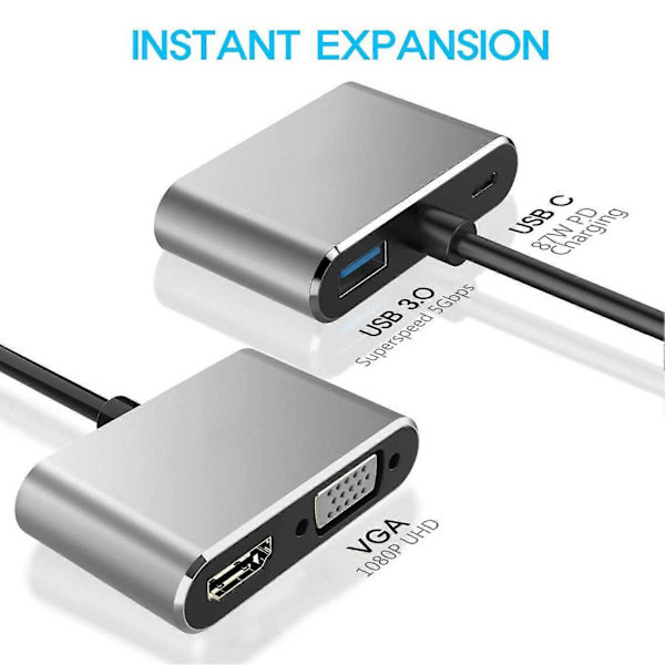 4-i-1 Type-C Hub 4K VGA 1080P Dobbel Skjermvisning PD USB 3.0 USB-C Dokkingstasjon