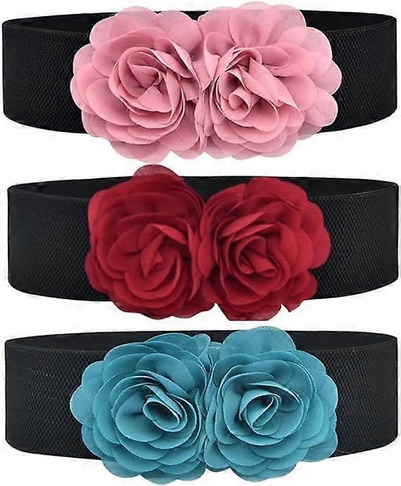 Elastisk midjebelte for kvinner med doble røde blomster, elastisk bredt korsettbelte, elegant og søtt, passer for kjoler i store størrelser