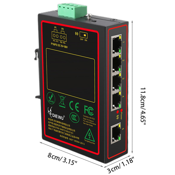 5-portars industriell ohanterad Ethernet-nätverksswitch, 5-portars Ethernet-splitter