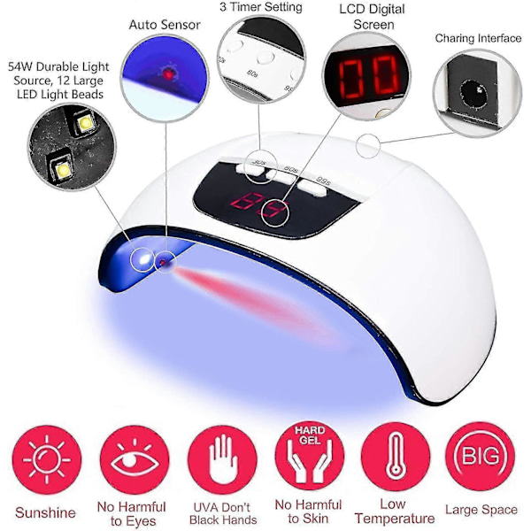 LED UV-lampa 54W för härdning av resin, smyckesgjutningssats, gellack, 3 timerinställningar, automatisk sensor, USB-driven