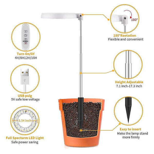 LED-växtlampa, Halo-lampa för inomhusväxt, automatisk timer 4/8/12/18, för bonsai, suckulenter, små