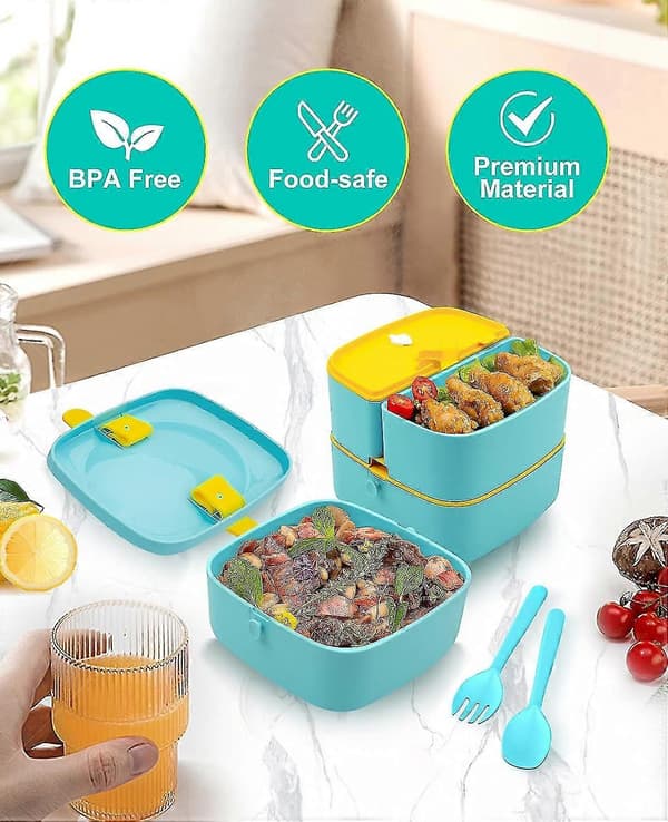 Uppgraderad Stapelbar Bento Lunchlåda - Läcksäker Behållare Med Bestick (1600ml, Blå)