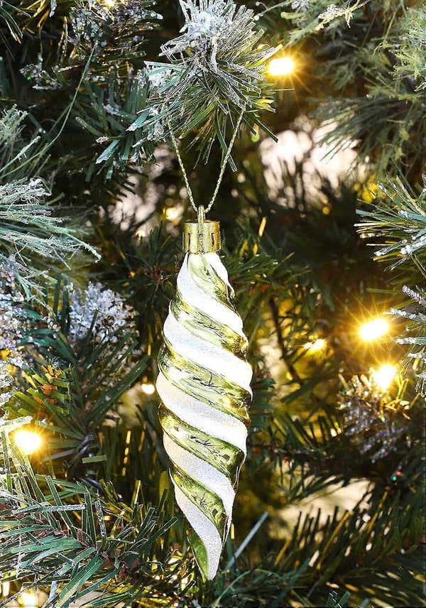 Pakke med 11*3mm store spiralformede kuler - Glansfull & Glitterdekorert - Julepynt (Gull)