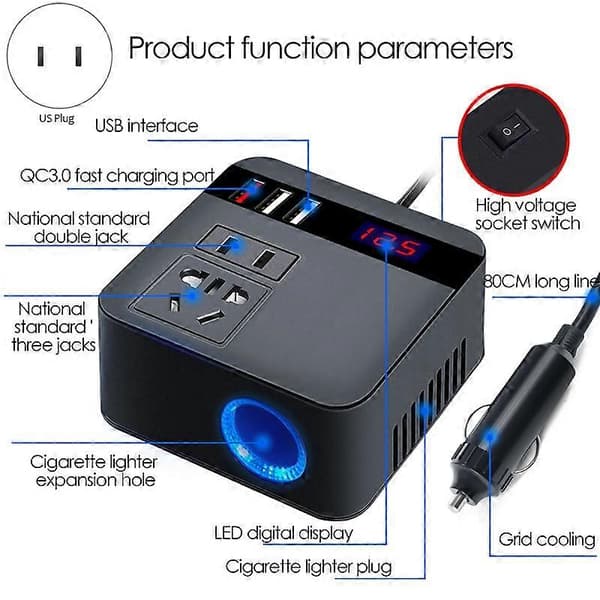 300W Strømomformere 12V/24V DC-omformer 3 USB Billader Batteri Hurtiglader Konverter Tilbehør Svart US Plugg