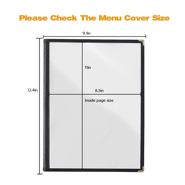 2 stk Menyomslag 8,5 x 11 tommer Restaurant Menyholder 4 Siders 8 Visning Transparent Menyhylse, Passer A4 Størrelse Papir (Svart)