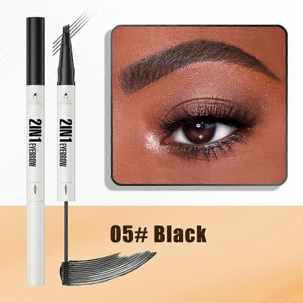 2-i-1 Ögonbrynspenna med Gel, 3D Microblading Ögonbrynspenna med 4 Spetsar & Borste Black