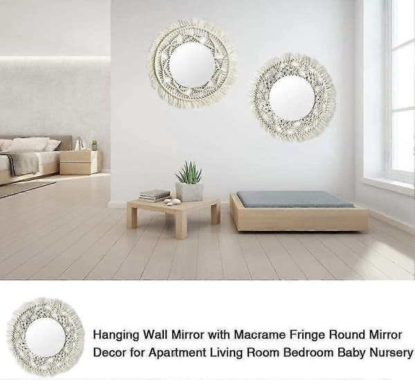 Set med 2 handgjorda väggspeglar med rund tofs för lägenhet, vardagsrum, sovrum, sovrum, modern heminredning