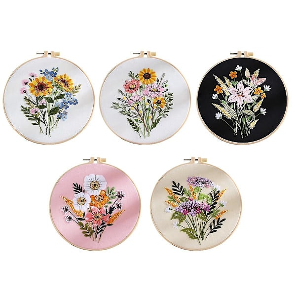 5 Set Broderipaket för Nybörjare Vuxna, Inkluderar Präglad Blommönster, Ram, Färgade Trådar