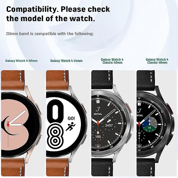 20mm Lærreim Kompatibel med Samsung Galaxy Watch 4 Reim 40mm 44mm 2021 Galaxy Watch 4 Classic 42mm 46mm Reim Lærstropp