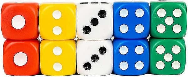 Sæt med 10 små farverige seks-sidede terninger 1,4 cm